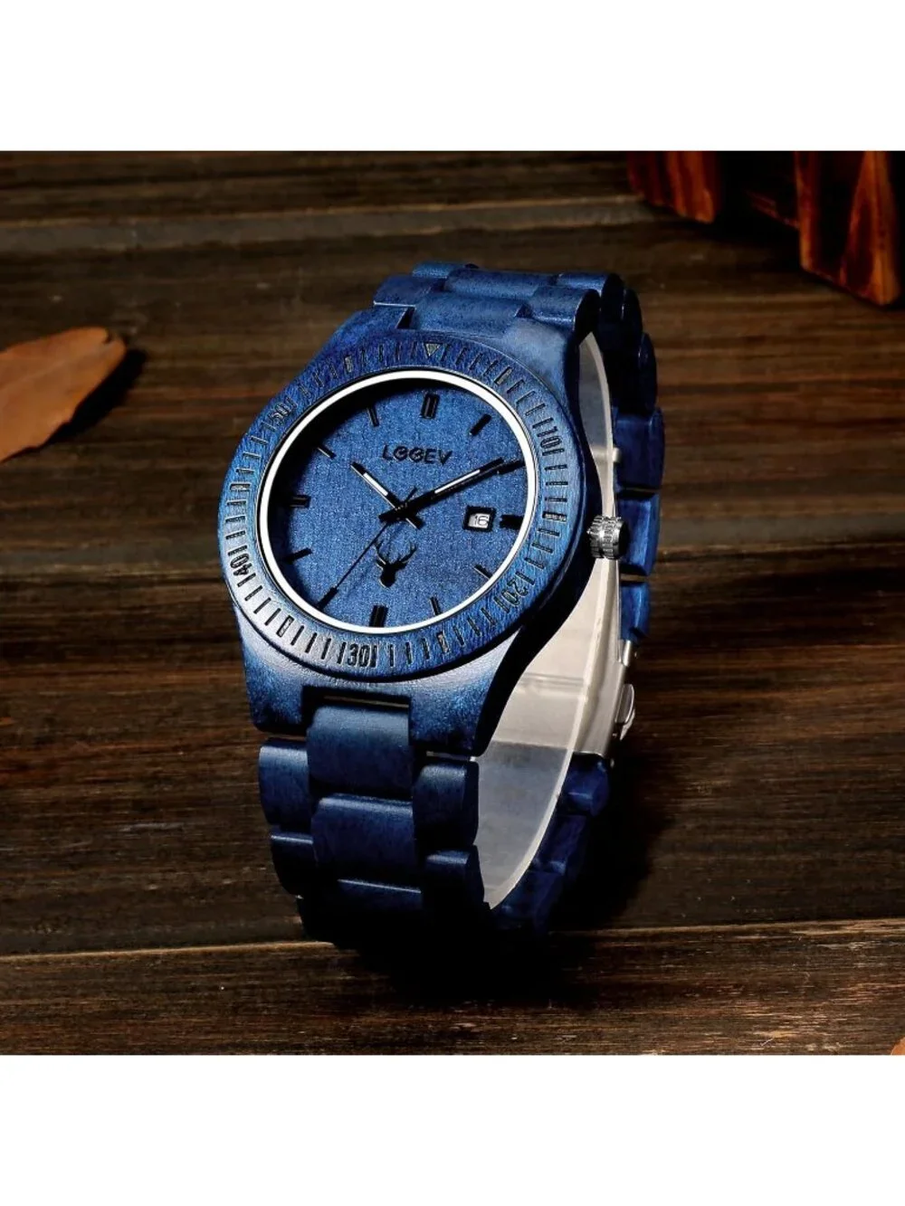 Men's Blue Sandalwood Japanese Quartz Analog Unisex Round Wrist Wooden Watch